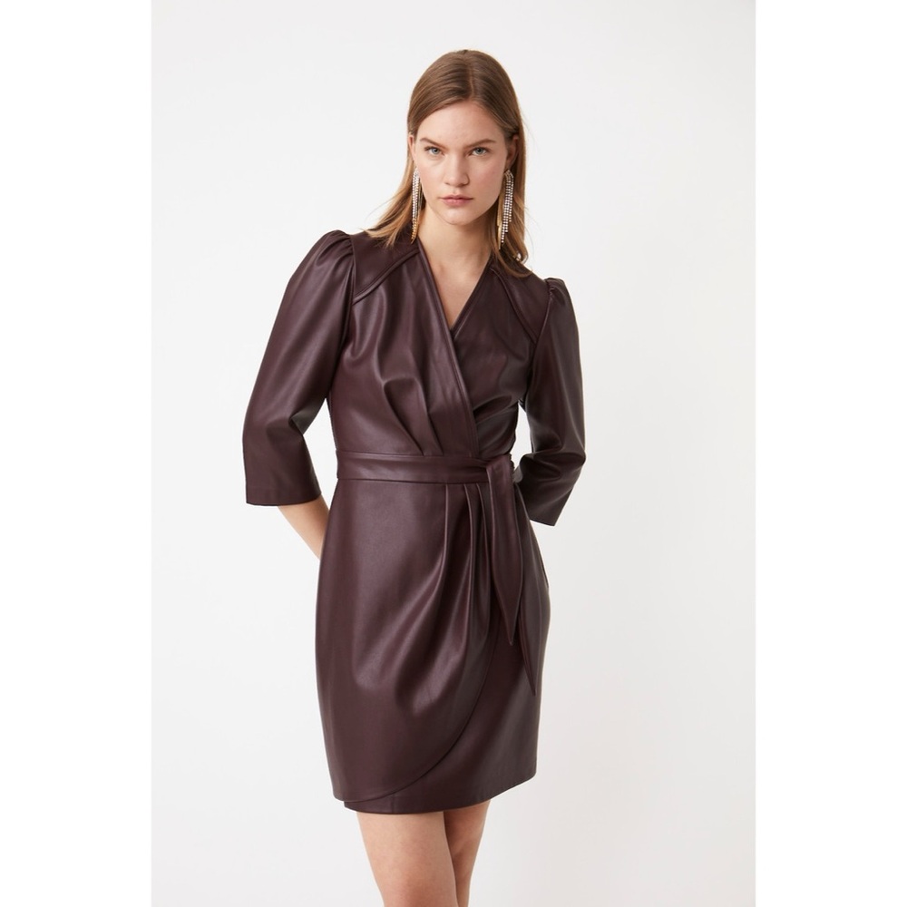 ELOQUII Plus Burgundy Faux Leather Dress 14 Stretch Quarter Sleeve Wrap V-neck